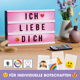 EASYmaxx LED-Leuchtkasten A5 mit 173 Buchstaben und 150 Emojis, Timerfunktion und LED-Farbwechsel für individuelle Botschaften.