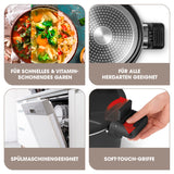GOURMETmaxx Energiespartopf Aluminium 5,8l schwarz/rot mit Antihaftbeschichtung, Soft-Touch-Griffen, spülmaschinengeeignet, für alle Herdarten.