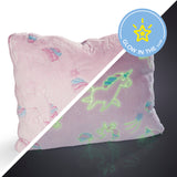 MAXXMEE Verwandlungskissen Glow in the dark Kissen Kopfkissen Fleecedecke 2in1 mit leuchtenden Dino Sternen und Einhornmotiven