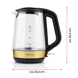 GOURMETmaxx Glas-Wasserkocher Tasse für Tasse, 250 ml bis 1,7 l, schwarz/gold, mit Kabelfreiheit und Wasserstandsanzeige.
