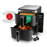 GOURMETmaxx FryUp Vertikale Doppelkammer-Heißluftfritteuse mit 4 Ebenen, 10 Liter Volumen und 2 Grillrosten für platzsparendes Garen.