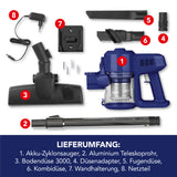 CLEANmaxx Akku-Zyklon-Staubsauger blau/silber mit Teleskoprohr, Bodendüse, Fugendüse, Kombidüse, Wandhalterung und Netzteil.