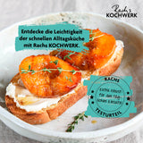 Rachs KOCHWERK Edelstahlpfanne mit Wabenstruktur Ø28cm, antihaft, alle Herdarten zeigt gebratenes Obst auf Brot in weißem Teller.