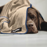 FLUFFINO® Hundehandtuch Mikrofaser – 4er-Pack in Beige & Blau, saugfähig und schnell trocknend, mit Handtaschen für kleine bis mittelgroße Hunde.