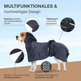 FLUFFINO Hundebademantel - Größe M - beige/blau mit Kapuze, verstellbarem Taillengurt und waschbarem, schnell trocknendem Material.