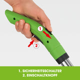 EASYmaxx Akku-Rasentrimmer - Grün mit ergonomischem Griff, Sicherheitsschalter und Einschaltknopf für komfortable Bedienung.
