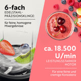 GOURMETmaxx Nutrition Mixer Pro 1.000 mit Zubehörset M mit 6-fach Edelstahlklinge und 18.500 U/min Motor für cremige Mix-Ergebnisse.