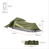Where Tomorrow 1-Personen-Zelt - Rechteck - 220x80x50 cm - Grün mit leichtem Gewicht und schnellem Aufbau für Outdoor-Aktivitäten.