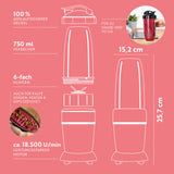 GOURMETmaxx Nutrition Mixer 4-tlg. mit 1000-Watt-Motor, 750ml Becher, To-go-Deckel, 6-fach Klinge zum Pürieren, Hacken, Mahlen.