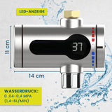 HOBERG Universal-Durchlauferhitzer mit LED-Digitalanzeige, Edelstahl, sofort warmes Wasser aus fast jedem Hahn, kompakte Maße 14x11 cm.