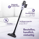 CLEANmaxx Akku-Staubsauger 2in1 kabellos mit Verlängerungsrohr, abnehmbarem Staubbehälter und Edelstahlfilter, beutellos und vielseitig.
