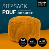 LUMALAND Sitzsack Pouf (Cord-Reihe), 50L in Senfgelb, waschbarer Bezug, Hocker, Schemel und Ablage in einem Möbelstück.