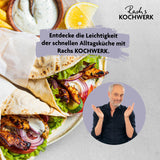 Rachs KOCHWERK Dönergrill - Schwarz mit saftigen Dönerwraps, frischem Gemüse und cremiger Sauce, präsentiert von Rachs KOCHWERK.