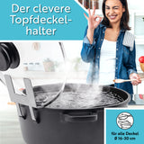 topfi® Topfdeckelhalter für Töpfe & Pfannen hält Deckel sicher in Töpfen von 16-30 cm und schützt vor Überkochen in der Küche.