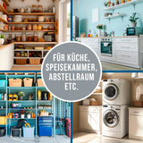 Eine Collage zeigt eine organisierte Speisekammer, eine aufgeräumte Küche, einen Abstellraum und eine Waschküche; in der Mitte: „Für Küche, Speisekammer, Abstellraum etc.“ – mit WELLENBORG Pfandflaschen-Sammelbehälter 100 l (2 Tragetaschen, Klettverschluss).