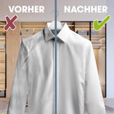 CLEANmaxx 2in1-Dampfbürste zeigt Vorher-Nachher-Effekt bei glatten, faltenfreien Hemden nach Dampfanwendung.