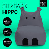 LUMALAND Animal Line Kindersitzsack Hippo - Stahlgrau, weicher, wasserabweisender Sitzsack mit Tierdesign für Innen und Außen.