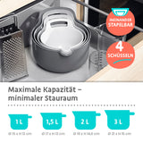 GOURMETmaxx Schüssel-Set 4-tlg. mit Henkel & Ausguss, stapelbar und rutschfest, in 4 Größen für platzsparendes Verstauen.