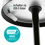 EASYmaxx LED-Akku-Tischleuchte kabellos mit USB-C Ladeanschluss, dimmbar, warmweiß, in- & outdoor, Akku 40 Std. Laufzeit