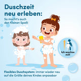 Illustration zeigt fröhliche Kinder beim Duschen mit der anpassbaren Kinderdusche Wal für selbstständiges Waschen.