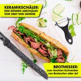 GOURMETmaxx Messerset inkl. Sparschäler 6-tlg. schwarz mit Brotmesser und Keramikschäler für einfache Zubereitung von Brot und Gemüse.