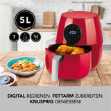 MAXXMEE Heißluft-Fritteuse Digital 5 l Fassungsvermögen Rot mit 7 Programmen, digitalem Display und fettarmer Zubereitung.