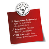 MAXXMEE Power-Taschenlampe 3,7V schwarz - 2er-Set mit bis zu 150m Reichweite, Schocklichtfunktion und USB-Anschluss.