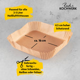RACHS KOCHWERK Backpapierschalen für Heißluftfritteusen (2–5 l) mit 4,5 cm Rand, robust, ölbeständig, gebrauchsfertig, ca. 16 cm breit.