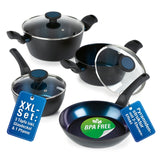 BRATmaxx Koch- & Bratset – 3 Töpfe mit Glasdeckel & 1 Pfanne aus Aluminium, antihaftbeschichtet, fettarm, stapelbar, BPA-frei.
