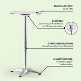 EASYmaxx Stehtisch klappbar + höhenverstellbar mit Edelstahlplatte Ø 60 cm, klappbar, höhenverstellbar und Kunststofffüßen.