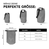 #DoYourOutdoor Dry Bag 20L - Grau in verschiedenen Größen 10L, 20L und 30L mit wasserdichtem Rolltop-Verschluss und verstellbarem Schultergurt.