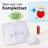 cuci cuci Näh-Baukastenset Motiv Herz Liebling mit Anleitung, Nähfaden, Nadel, Füllwatte – Komplettset für Kinder ab 5 Jahren.