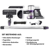 CLEANmaxx Akku-Zyklon-Staubsauger Digital-Display mit Akku, Verlängerungsrohr, Bürstendüse und Wandhalterung in Anthrazit/Silber/Lila.