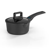 N8WERK Aluguss-Stielkasserolle 18 cm mit Heat Indicator, 3-fach Ilag-Ultimate-Beschichtung, Deckel und Silikon-Umrandung, passend für alle Herdarten.
