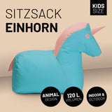 LUMALAND Kindersitzsack Animal Line Einhorn - Türkis/Pastell Pink, weich, wasserabweisend, für Innen- und Außenbereich geeignet.