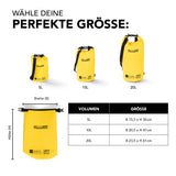 Where Tomorrow Dry Bag 10L - Style 01 - Gelb, wasserdichter, robuster Outdoor-Rucksack mit verstellbarem Schultergurt und Rolltop-Verschluss.