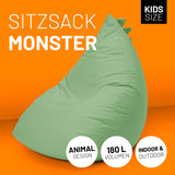 LUMALAND Kindersitzsack Animal Line Monster Pastell Grün mit 180L Volumen, indoor und outdoor, weicher, wasserabweisender Sitzsack fürs Kinderzimmer.