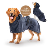 FLUFFINO Hundebademantel - Größe M in beige/blau, saugfähig, schnell trocknend, mit Kapuze und Klettverschluss für mittlere Hunde.