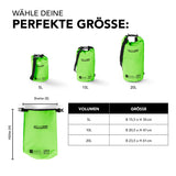Where Tomorrow Dry Bag 10L - Grün mit wasserdichtem Rolltop, robustem Design und verstellbarem Schultergurt für Outdoor-Abenteuer.