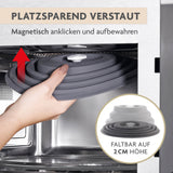 KitchBo Faltbare Mikrowellenhaube mit Magnet zur einfachen Verstauung in der Mikrowelle, platzsparend faltbar auf 2 cm Höhe.