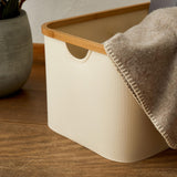 LUMALAND Aufbewahrungsboxen mit Bambus-Rahmen - 3er-Set - Grau-Blau, rechteckige Box mit Bambusrand und filzartiger Decke.