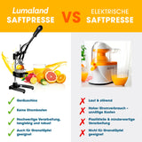 LUMALAND Manuelle Saftpresse - stabil, leise, pflegeleicht, geräuschlos und ideal für Zitronen, Orangen und Granatäpfel.