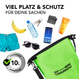 Where Tomorrow Dry Bag 10L - Grün, wasserdichter Outdoor-Rucksack mit UV-Schutz und robustem Rolltop-Verschluss für sicheren Schutz.