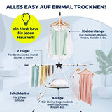 Der EASYmaxx Falt-Wäscheständer 1800 steht im modernen Bad – mit klappbarer Kleiderstange, Schuhhalter, Ablage für Accessoires und 18 m Trockenlänge für Kleidung, Handtücher, Schuhe und Kleinteile.