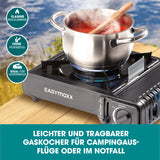 EASYmaxx Gaskocher tragbar 2500W - Schwarz mit stufenloser Flammenregelung, automatischer Piezozündung, ideal für Camping und Notfälle.