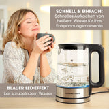 GOURMETmaxx Glas-Wasserkocher LED 1,7l Edelstahl/schwarz mit blauer LED-Beleuchtung und 360° drehbarem Sockel, kabellosem Behälter.