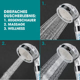 EASYmaxx Duschkopf mit Mineralkugeln, 3 Duschmodi: Regenschauer, Massage, Wellness, transparent/chrom, Outdoor-Adapter inklusive.