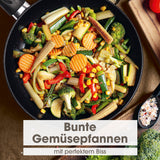 BRATmaxx Karbonstahl-Bratpfanne Ø 24 cm mit bunter Gemüsepfanne, doppelt antihaftbeschichtet für fettarmes Braten auf allen Herdarten.