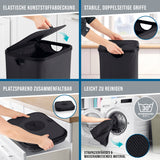 Der schwarze WELLENBORG Pfandflaschen-Sammelbehälter (100l) mit flexiblem Deckel, doppeltem Griff und Klettverschluss lässt sich flach zusammenfalten, als Aufbewahrungstasche nutzen und inklusive deutscher Beschreibung in die Waschmaschine stellen.