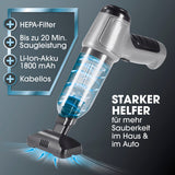 CLEANmaxx 3-in-1-Akkusauger mit HEPA-Filter, 20 Min. Saugleistung, kabellos, Li-Ion Akku für Haus und Auto Reinigung.